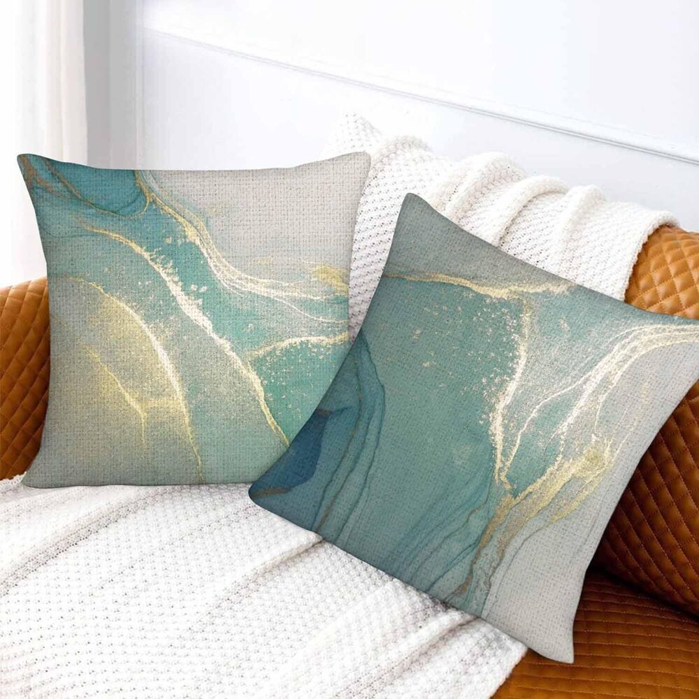 3298 Marble Pattern Throw Pillow Covers Set of 2,Turquoise Gold Silver - Picture 5 of 6